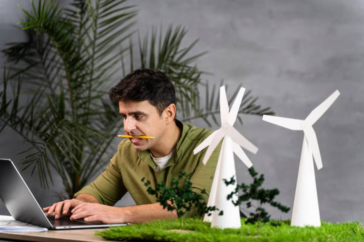 A person working on a laptop at a desk with decorative model wind turbines and lush greenery in the background.