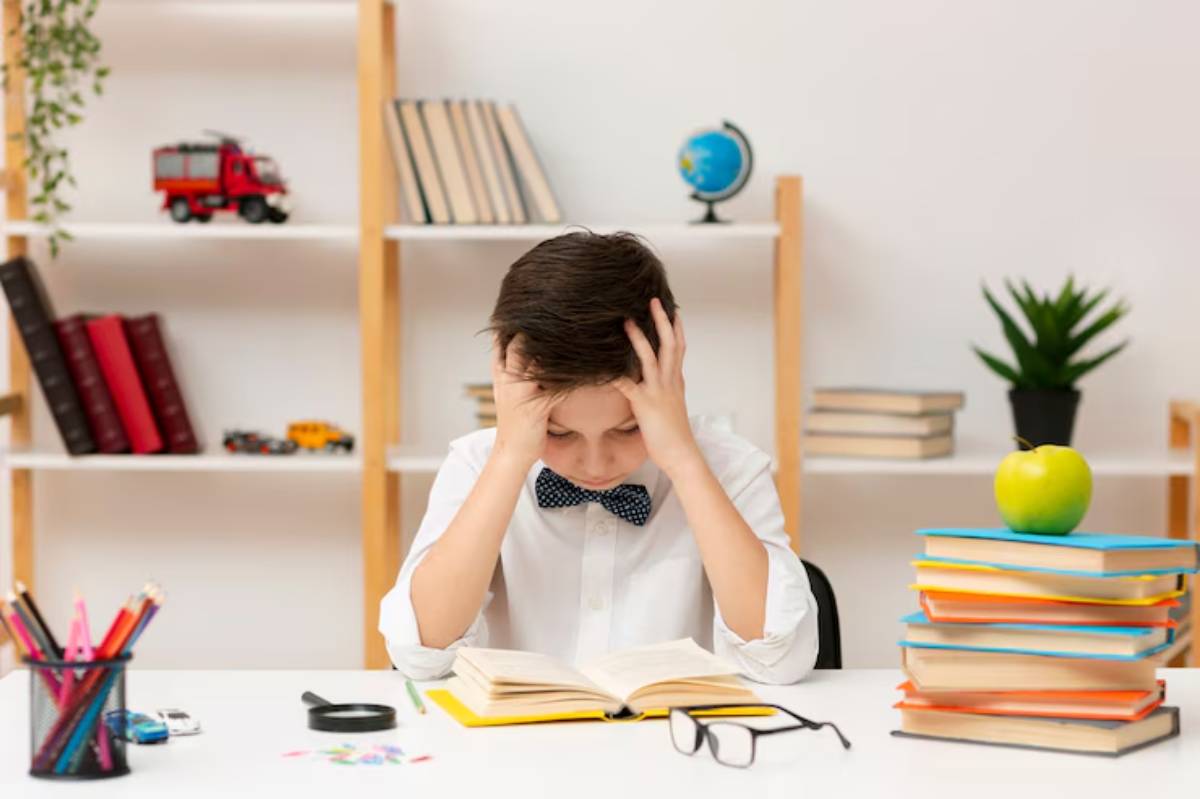 A child sits at a desk, visibly stressed, with a book open in front and colorful stationery next to a stack of books and an apple.
