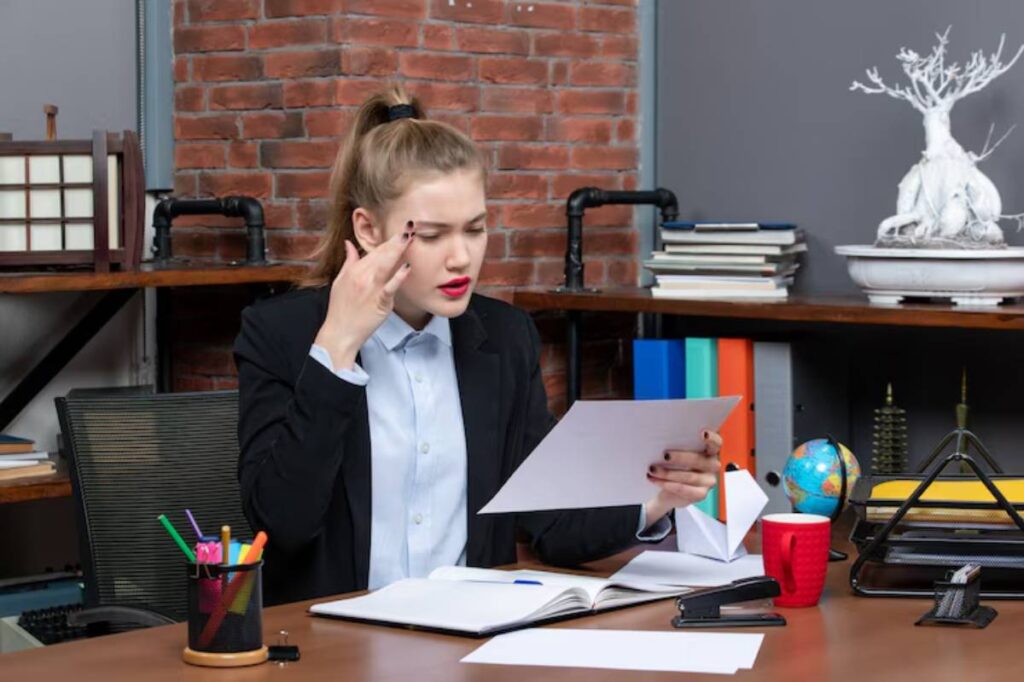 A woman in a black blazer sits at a desk holding papers, surrounded by office supplies and books, against a brick wall backdrop.