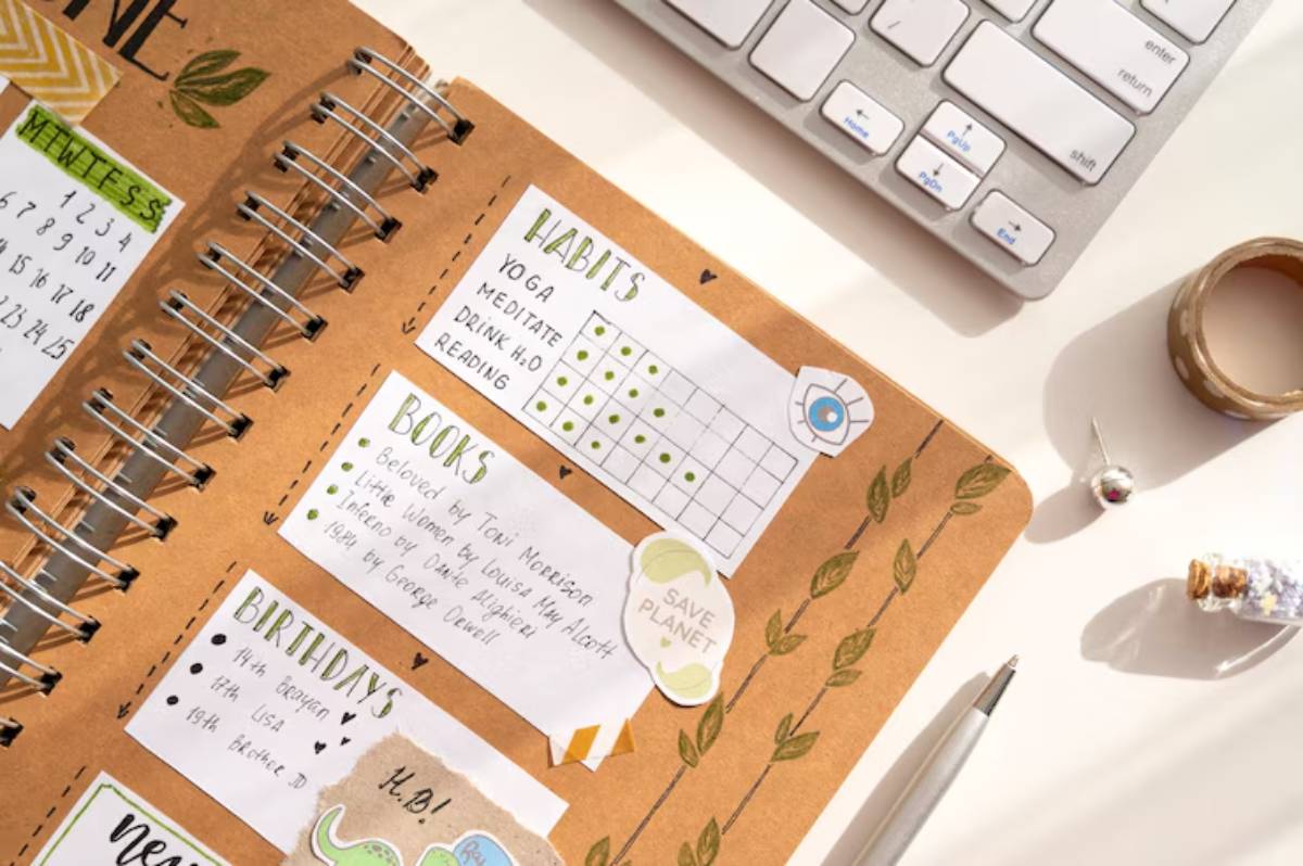 An open planner showing monthly habits, book lists, and birthdays, beside a computer keyboard and decorative tape.