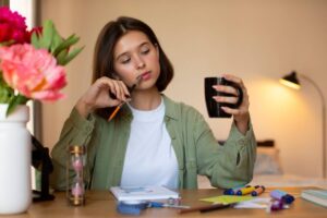 A woman holds a coffee cup in one hand and a pencil in the other, surrounded by a colorful assortment of stationery and flowers.