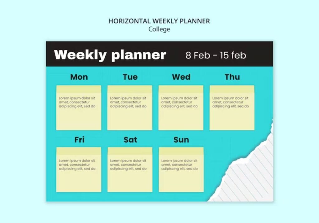 A colorful weekly planner for college, displaying sections for each day from February 8 to February 15, with placeholder notes.