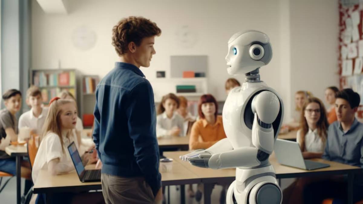 A humanoid robot engages with a student in a modern classroom, while attentive peers observe from their desks.