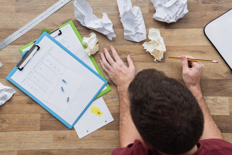 Person sitting at a desk with clipboards, crumpled papers, and a pencil in hand, appearing to work on a project or assignment.