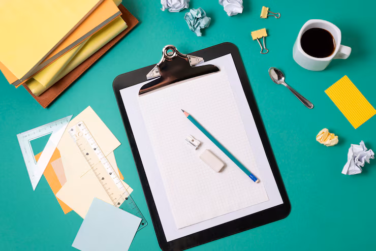 A clipboard with graph paper, pencil, sharpener, and eraser on a desk, surrounded by office supplies, crumpled paper, and a cup of coffee.
