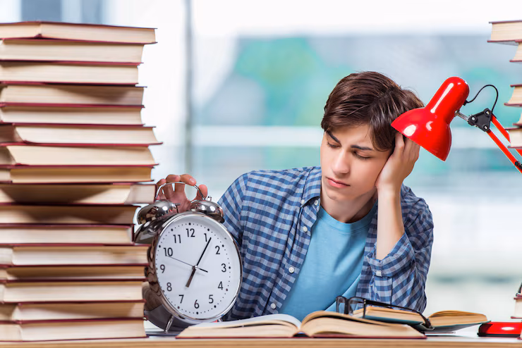 A person in a blue shirt holding a red alarm clock